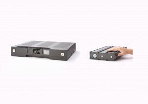 Sanyo's EVB-101 vehicle battery pack on the right.  The item on the left is for storage of solar and wind power output.