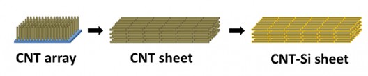 Carbon nanotubes laid in parallel. coated with silicon