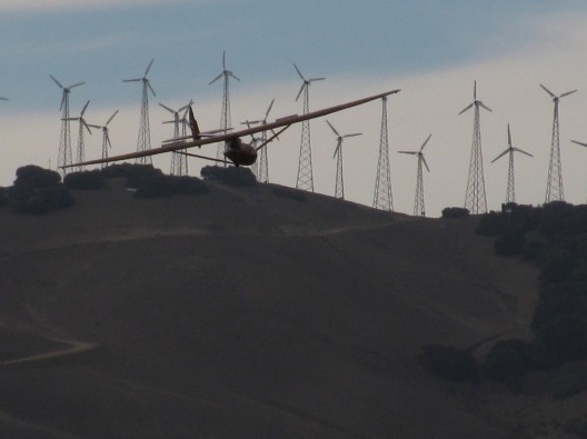 Jeff Byard, bringing his Baby Bowlus in for a landing in front of Tehachapi's huge wind farm