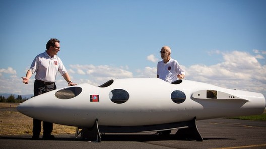 Morgan Sandercock (left), project manager, and Einar Enevoldson show off cockpit mockup for the Times