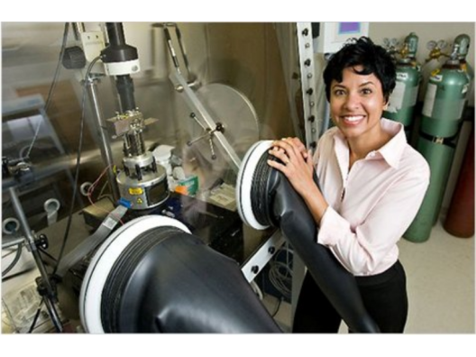 Dr. Ann Marie Sakti with pilot-scale manufacturing equipment
