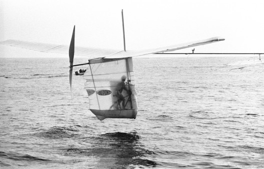 Bryan Allen perilously close to English Channel waters as he pedals toward France, July 17, 1979