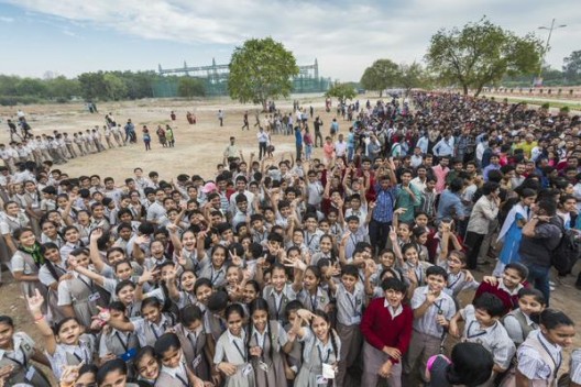 Typical crowd of school children in Ahmedabad show drawing power of giant solar aircraft