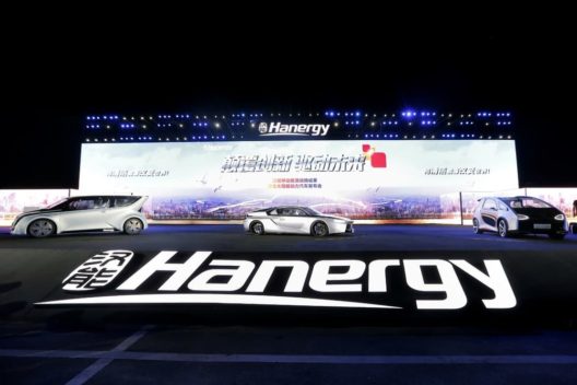 Three of four solar-powered cars announced by Hanergy in Beijing on July 2. Note large roof area for solar cells